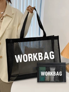 Portable Large Capacity Mesh Tote Bag And Mesh Makeup Bag,Mesh Beach Bag With "WORKBAG" Letter Printing Pattern ,Portable Multipurpose Storage Bag Is An Ideal Shopping Bag, Suitable For Men And Women, Couples, Daily Use, Dating, Birthdays, Holidays, Back To School, Summer, Holidays, Beaches, Travel, Commuting