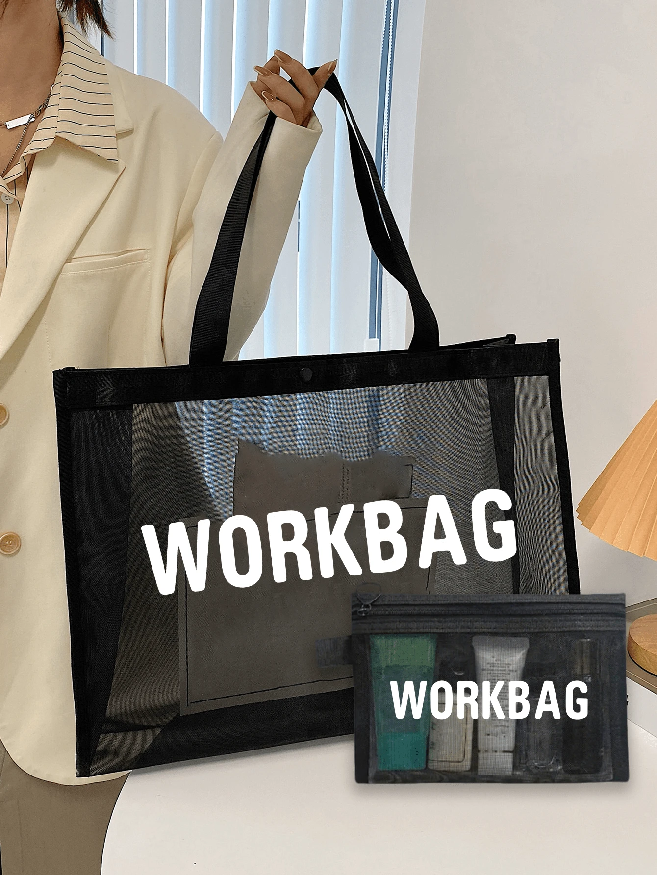 Portable Large Capacity Mesh Tote Bag And Mesh Makeup Bag,Mesh Beach Bag With "WORKBAG" Letter Printing Pattern ,Portable Multipurpose Storage Bag Is An Ideal Shopping Bag, Suitable For Men And Women, Couples, Daily Use, Dating, Birthdays, Holidays, Back To School, Summer, Holidays, Beaches, Travel, Commuting