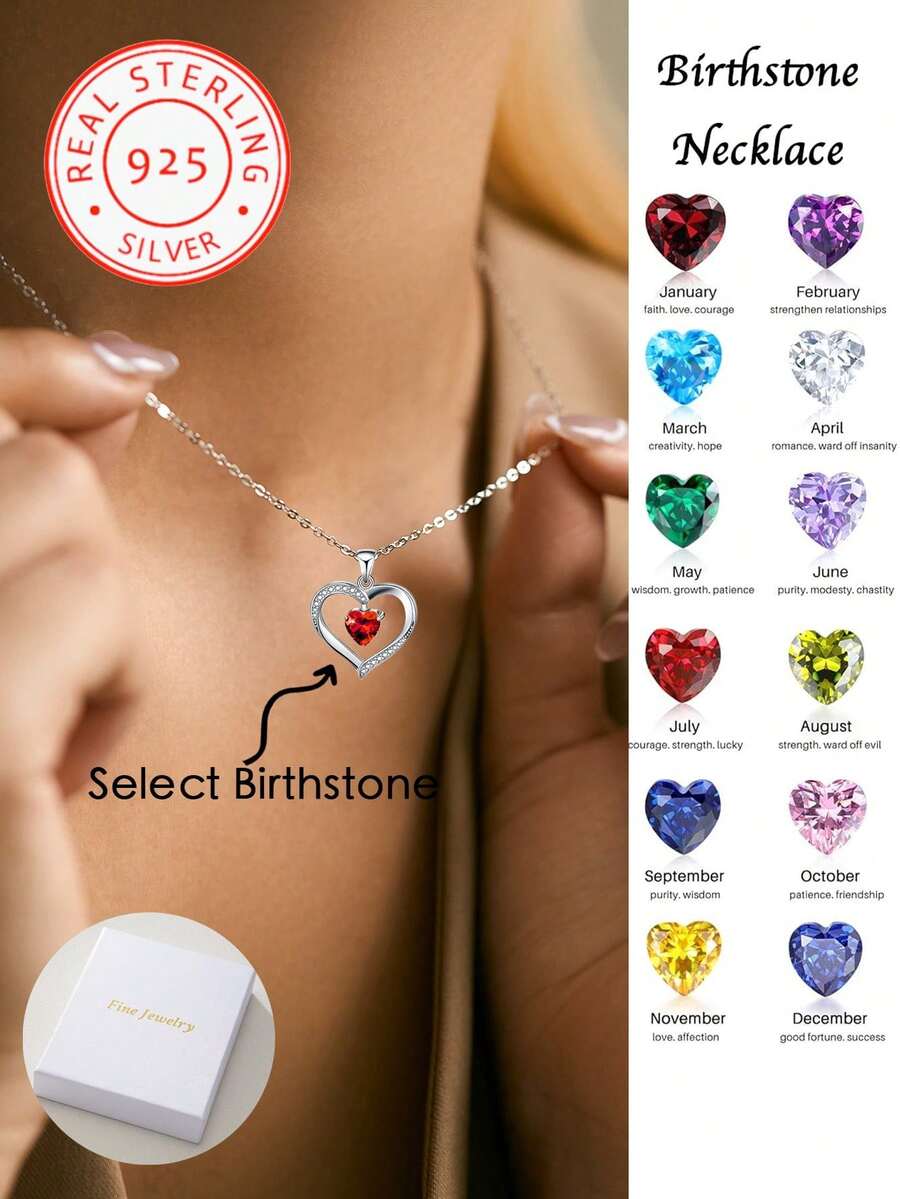 1 Pc Of S925 Sterling Silver Necklace Birthstone Necklace Heart Birthstone Necklace For Women, Heart Necklace For Women Birthday Jewelry Gifts For Women - Silver - View 1