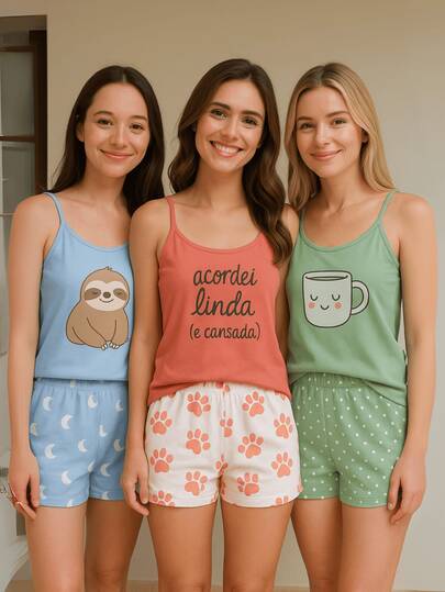 Kit com 3 Pijamas Feminino Curto Conforto Estampado Short Doll Adulto Malha Baby Doll