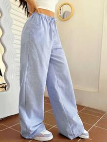 Pantalones rectos con cintura de cordón y rayas para mujer - Azul - Ver 6