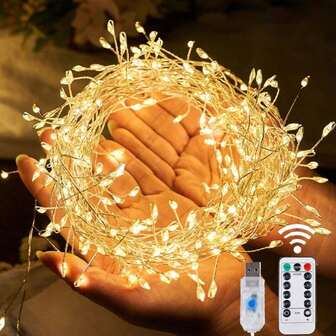 1 pieza Luces de hadas con 50/100 LED alimentadas por USB, luces de petardo de cuento de hadas con 8 modos, se pueden personalizar para decoración interior, decoración interior y exterior, con control remoto, adecuado para el hogar, fiestas, bodas, coronas de flores, decoración de árboles de Navidad