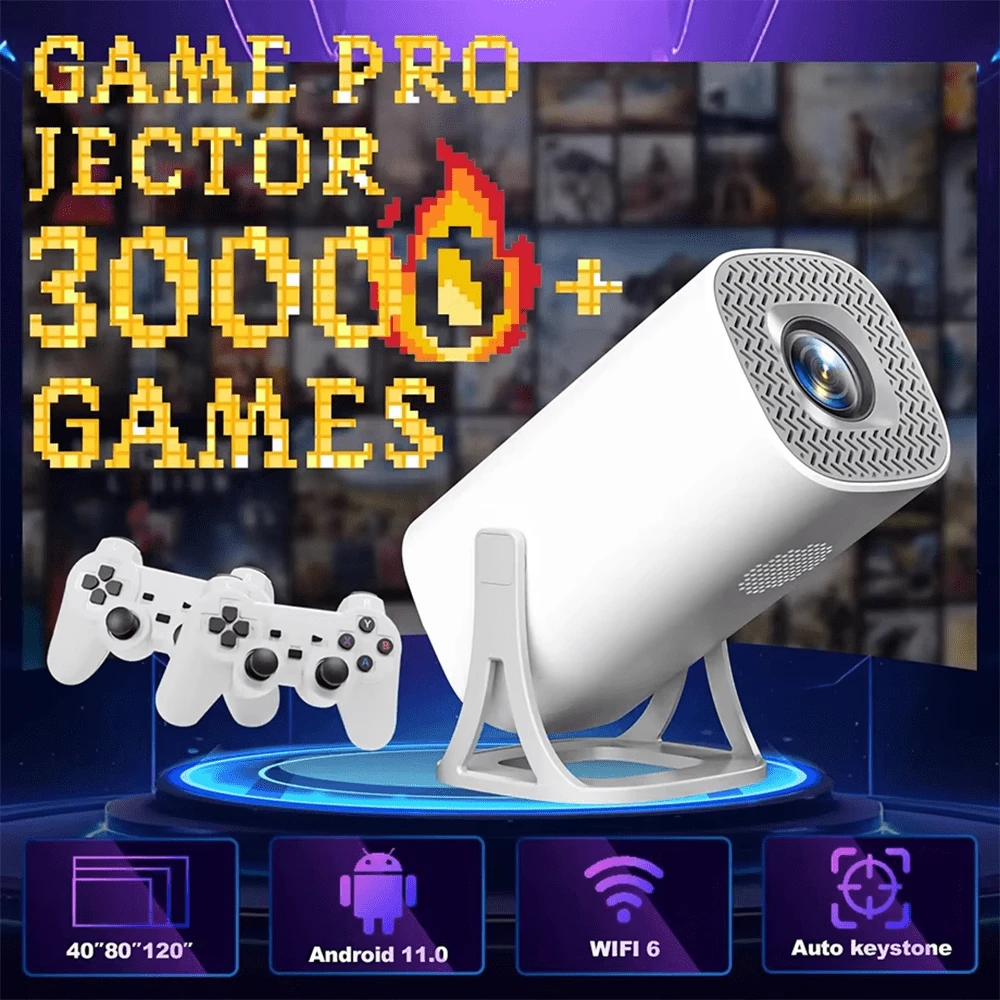 BOSSNEY Proyector para juegos 2 en 1, miniproyector Wifi, proyector láser HD inteligente de 720p, cine en casa,incluye controlador de juegos.