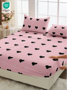 1 buc. Cearșaf cu elastic, lenjerie de pat, cearșafuri cu elastic, protecție pentru saltea, husă de pat, cearșaf de pat, decorațiune pentru casă, textil confortabil pentru casă, protecție pentru saltea respirabilă și anti-scărpaturi, moale și prietenoasă cu pielea, lenjerie de pat moale și confortabilă pentru dormitor, husă de saltea la modă, perna și fața de pernă nu sunt incluse, cearșaf cu elastic cu model de inimă roz și negru, Oeko-Tex