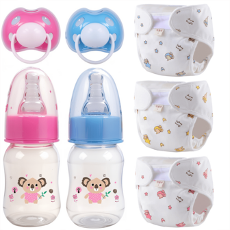 Baby Doll Feeding Toy Set, Including Nappies, Feeding Bottles And Dummies. Exquisitely Crafted With Lifelike Design And Materials, Suitable For Reborn Dolls, Newborn Dolls And Baby Dolls. Ideal For Parent-Child Bonding And Party Games. Available In Pink And Blue. The Perfect Festive Gift. (Pattern And Colour Randomised. Doll Not Included.)