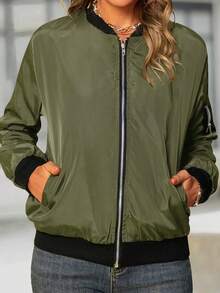 Women's Fashion Baseball Collar Zip-Up Jacket, Lightweight For Spring/Summer - Army Green - View 5