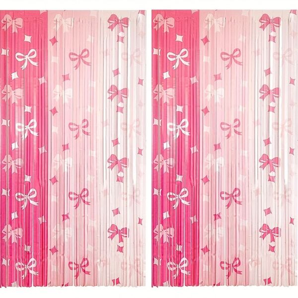 1/2Packs Pink Bow Foil Fringe Streamers Pink Bow Birthday Party Decorations Bow Tinsel Streamers For Bridal Shower Wedding Party Backdrop Decorations Bow Theme Party Decor Pink Party Supplies Forgirls BabyShower Decorations