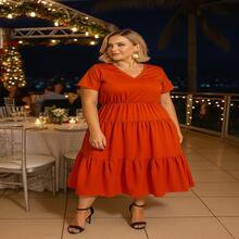 VESTIDO GOLA V – Sofisticação para brilhar nas festas é a escolha certa para o Natal, confraternizações, jantares e eventos especiais. - Laranja Queimado - Visão 2