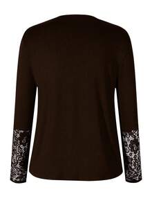 Plus Size Elegant Lace Patchwork Long Sleeve T-Shirt, Autumn Casual Spring - Brown - View 2