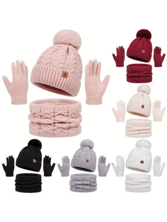 成人三件套保暖套装 - 帽子、围巾、手套，三合一保暖套装，包含加厚帽子、围巾和手套，防风保暖，时尚美观，适合日常通勤、购物和户外活动。