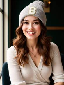 1pc Unisex A-Z Letter Knit Beanie Hat, Personalized Versatile Winter Knit Cap, Suitable For Autumn/Winter Daily Wear - Grey - View 4