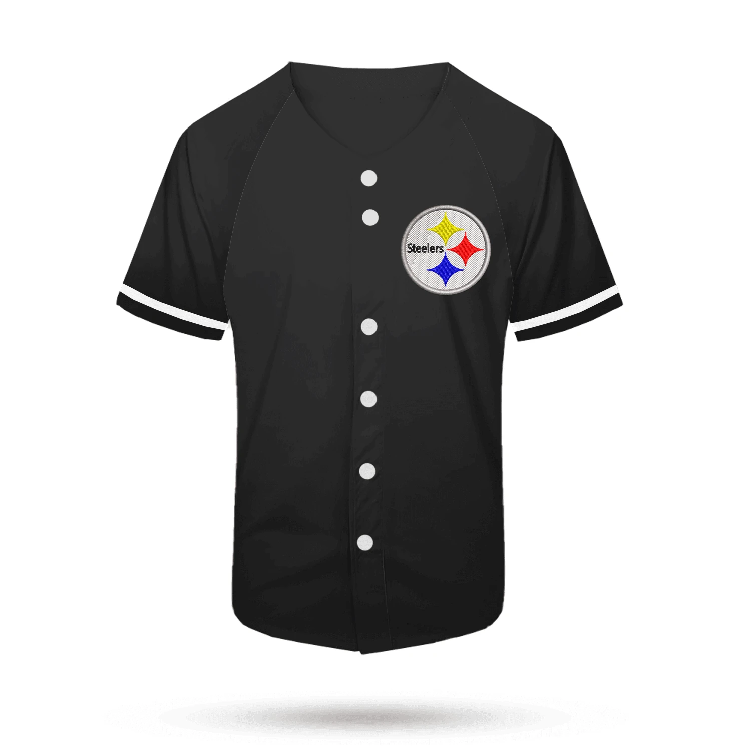 Jersey Casaca Beisbol Deporte Bordada Baseball unisex hombre tela ligera fresca bordado calidad con botones costura resistente equipos lineas steelers Pittsburgh LOGO FUTBOL AMERICANO - Negro - Ver 1