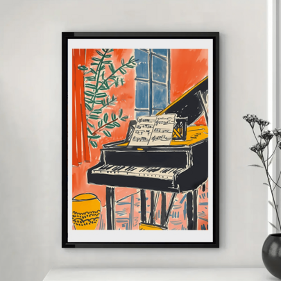1 PIEZA Póster de impresión de piano vintage de mediados de siglo moderno, decoración de arte de pared de música, póster de arte de pared sin marco, impresiones para decoración de pared, adecuado para decoración de baño, decoración de habitación, decoración de sala de estar, decoración del hogar, accesorios del hogar, decoración de cocina y oficina - Regalo perfecto para el Día de San Valentín, Año Nuevo, nueva casa - Sin marco