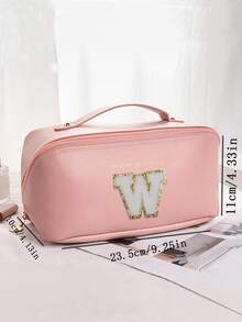 1个纯色PU皮革化妆包，烫金字母旅行化妆品收纳包，防水化妆品收纳袋，便携式洗漱包，防水PU护肤包，大容量双层化妆包（带隔层） - 彩色 - 查看 8