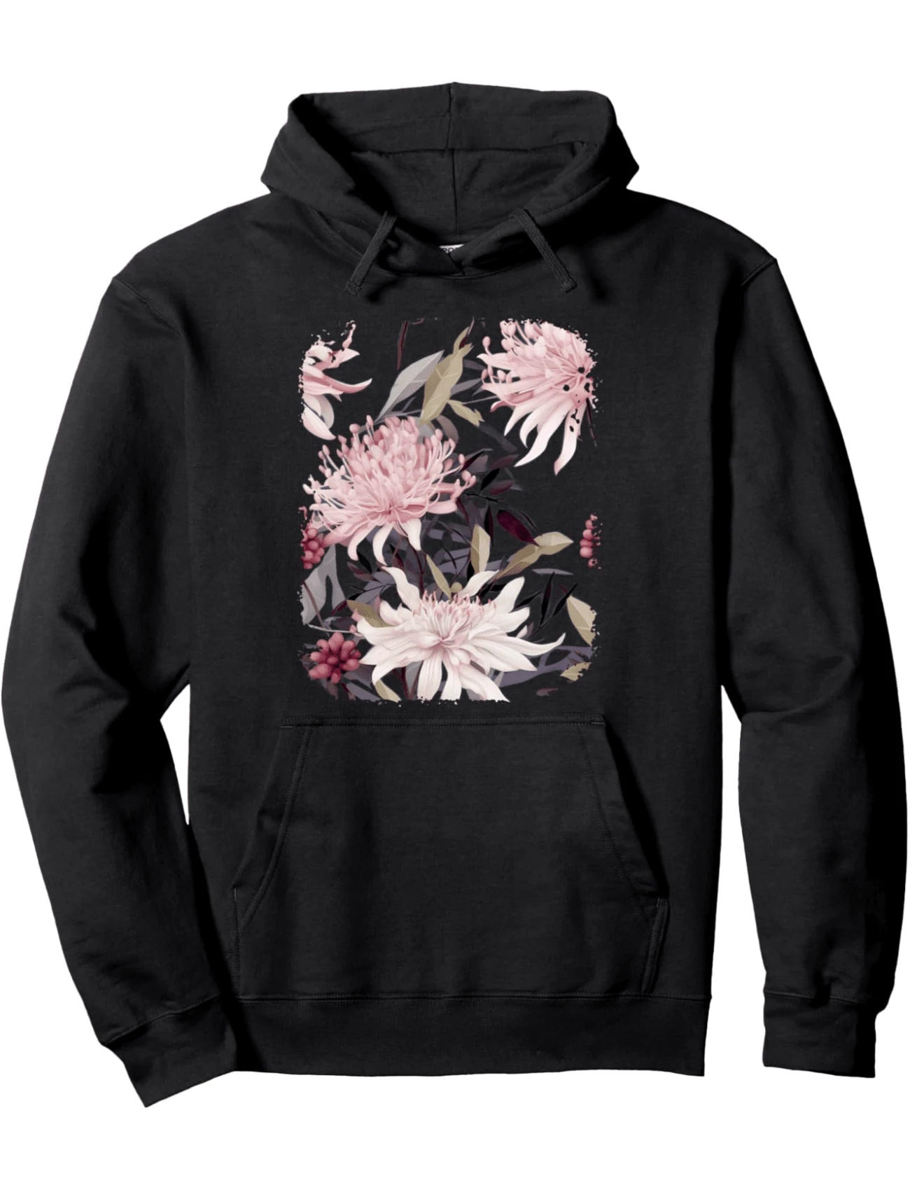 Spider Flower Bouquet Plant Lover Floral Pattern Design Pullover Hoodie, Unisex Casual Hooded Sweatshirt - 黑色 - 查看 1