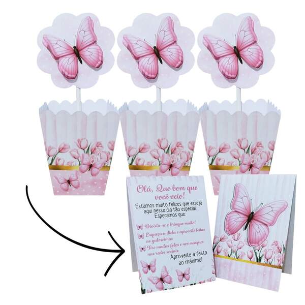 12 Centro de mesa + 12 Placa de mesa - Tema Borboleta rosa mod1 - jardim encantado - kit para festa e lembrancinhas decorativas