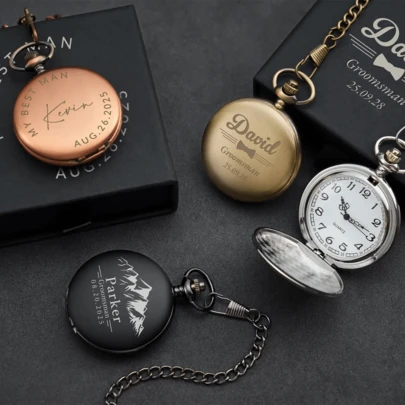 (Battery Not Included) Personalized Engraved Pocket Watch, Elegant Groomsman Gift, Best Men's Gift, Proposal Gift, Memorial Wristwatch With Chain And Gift Box ,Dresser Aesthetics