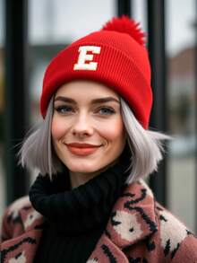 1pc Unisex A-Z Letter Knit Beanie Hat, Personalized Versatile Winter Cap, Suitable For Autumn/Winter Daily Wear And Christmas Gift - Red - View 4