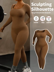 1pc Women Plus Size Seamless Slimming Waist Cincher Bodysuit With Long Sleeve And Pants