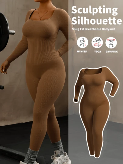 1pc Women Plus Size Seamless Slimming Waist Shaper Bodysuit, Long Sleeve & Pants, Thermal Insulation Summer