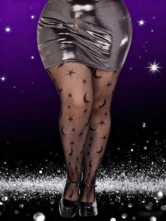 Women's Star & Moon Pattern Fishnet Tights - 1 Pair Black Mesh Pantyhose, Fashionable Elastic Sheer Stockings With Celestial Design For Daily Wear, Party & Street Style, Must-Have Socks On Popular.