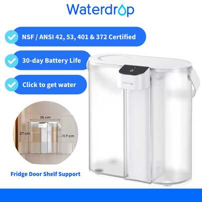 Waterdrop Jarra filtrante de agua eléctrica para frigorífico con filtro de 3 meses, sistema de filtrado de agua de encimera, reduce cloro, plomo, mercurio, PFAS, PFOA/PFOS, 757 litros