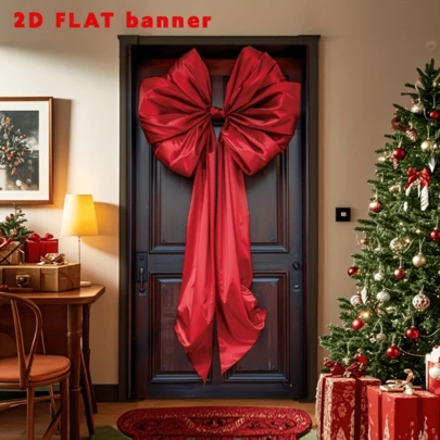 1 件，涤纶圣诞大蝴蝶结圣诞快乐门廊横幅，35x70 英寸，节日前门背景，季节性图形悬挂门横幅，家庭和厨房派对装饰，无需电源