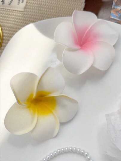 Set de 2 pinzas para el cabello con decoración de flores de hibisco estilo bohemio, color rosa y amarillo, accesorios dulces para vacaciones en la playa, pinzas de garra, pasadores de cabello, artículos escolares, accesorios para el cabello, accesorios para la cabeza, horquillas