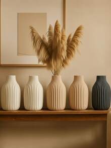 1个仿陶瓷塑料花瓶，内含人造芦苇花，简约家居装饰，米色和黑色圆柱形花瓶，条纹纹理，表面光滑，适用于客厅/卧室/婚礼/春季装饰，可用作桌面摆件、花瓶或房间装饰品。 - 白色 - 查看 1