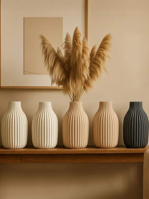 1 PIEZA Jarrón falso de cerámica de plástico con flores de pampa, decoración minimalista para el hogar, jarrón cilíndrico beige y negro, textura rayada, superficie lisa, para decoración de sala de estar/dormitorio/boda/primavera, centro de mesa, decoración de florero