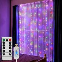 3x3m/3x2m/3x1m LED 窗帘灯，USB 供电，8 种模式遥控仙女灯串，适用于婚礼派对、家庭花园、卧室、户外、室内墙壁、窗户装饰、万圣节、圣诞节，暖白/白色/多色 - 四彩色 - 查看 3