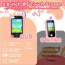 Juguetes de Navidad Teléfono inteligente para niños, regalos de cumpleaños y Navidad para niños de 3 a 10 años, juguetes educativos con teléfono celular, pantalla de 2.8", cámara dual, juegos, música, alarma, calculadora, incluye cordón para teléfono, tarjeta de memoria de alta capacidad y cable de carga.