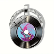 圆形合金钥匙扣配玻璃吊坠，黑色乙烯基唱片设计，适合情侣钥匙扣、生日、毕业典礼、圣诞节、节日派对装饰 - 单个汽车配件包饰背包适合学校可爱哥特式 Y2k 包饰挂绳带身份证夹汽车配件包饰