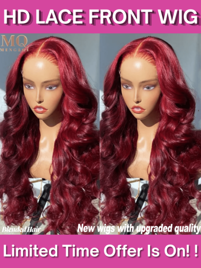 34 Inch Hair Wigs Glueless 13x4 BUG(99J) Color Ear To Ear Body Wave Lace Front Wigs Natural Hairline No Glue Human Blended Hair 200% HD Transparent Frontal Glueless Air Wigs Human Blended Hair With Baby Hair For Women High Density Brazilian Virgin Hair Wig