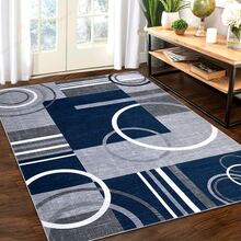 1pc Washable Carpet, Modern Geometric Pattern, Suitable For Living Room, Bedroom, Office, Striped & Circular Design, Contemporary Distressed Style, Low Pile, Neutral Soft, Patchwork Square Pattern, Navy Blue/Grey - Multicolor - View 2