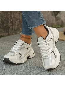 Women's Spring/Autumn White Sneakers, Low-Top, Lightweight, Non-Slip, Durable, Low Heel, Round Toe, Breathable, Lace-Up, Casual Outdoor Sports Shoes