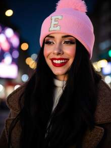 1顶男女通用A-Z字母针织帽，个性化百搭冬季针织帽，适合秋冬季日常佩戴 - 粉色 - 查看 3