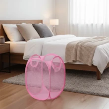 1 件简约透气便携式防潮可折叠洗衣篮 - 可折叠洗衣篮，适用于家庭卧室浴室，便携式可折叠储物篮，带侧袋 - 旅行、旅行、通勤必备 - 藏蓝色 - 查看 5