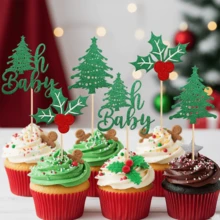 12/24 PCS Christmas Tree OhBaby Cupcake Toppers Glitter Holly Leaves And Berries BabyShower Christmas Cupcake Picks For Christmas Theme Birthday Party Cake Decorations Supplies