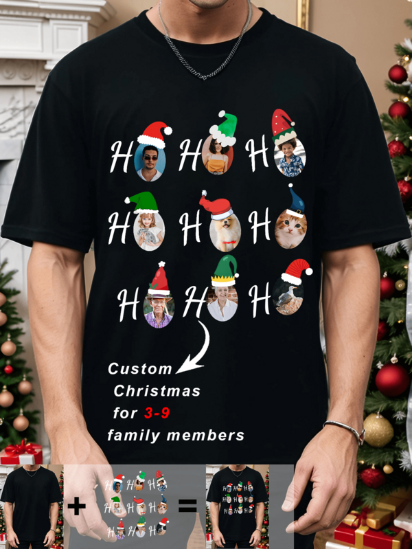 Custom Family Christmas Nembers T-Shirts, Santa's Hat Family Christmas T-Shirts, Add Your Photo/Group Photo/Couple/Couples/Family/Friend/Pet/Landscape, Input Your Desired Text,Personalized Christmas Family Tee, Christmas T-Shirts,New Year Graphics| Party Costumes | Birthday Gifts | Christmas Costumes