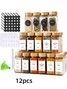 24pcs/12pcs/6pcs Square Glass Jar Set With Bamboo Lids - Rust-Proof, Airtight And Easy To Refill - Suitable For Kitchen Spice Storage, Transparent Glass Jars, Multipurpose Spice Jars, Essential For Home Organization - Clear - View 9