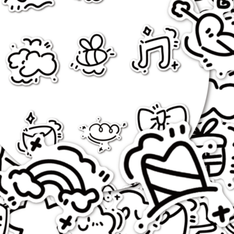 54张手绘小涂鸦治愈贴纸，多种图案，可用于笔记本电脑、手机、水瓶、头盔、吉他、行李箱等装饰，亦可用于剪贴簿用品和文具。
