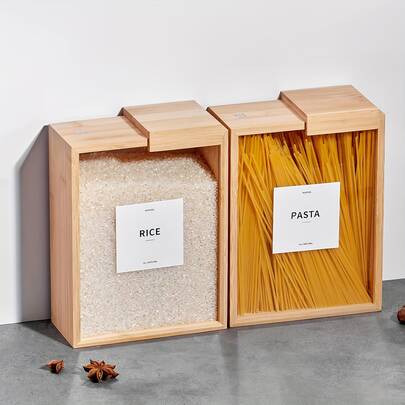 Bamboo Food Storage Container, 75 Ounces /2000 Milliliters Transparent Food Storage Container, 1 Book-Shaped Canned Box For Kitchen, Square Storage Room Organization With Label, Suitable For Sugar, Nuts, Coffee Beans, Cereal, Tea, Etc.