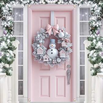 1 pieza Corona de Navidad moderna de poliéster con muñeco de nieve y casa, sin necesidad de energía, sin plumas, decoración colgante multiusos, 90 x 180 cm, apta para decoración interior y exterior, uso general