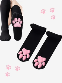 1/2 Pairs Of 3D Cat Claw Socks Cute Loli Long-Top Over-Knee Stockings, Three-Dimensional Silicone Padded Design At The Bottom, Anti-Hook Silk, Wear-Resistant Sexy Stockings - 1雙黑色 - 查看 8
