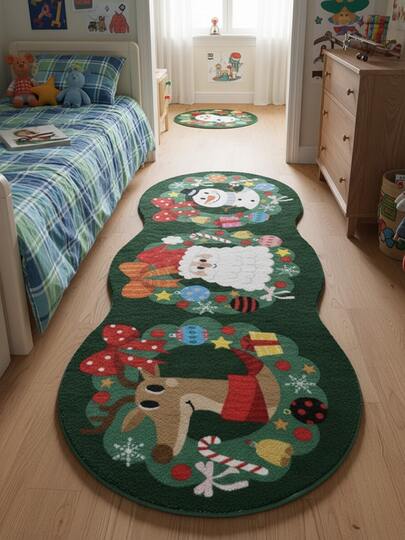 Christmas Reindeer & Santa Asymmetrical Decorative Carpet, Christmas Gift, Christmas Rug, Christmas Decor, Suitable For Indoor Decoration, Bedroom, Entryway, Kitchen, Bathroom, Gaming Room, Study, Dirt-Resistant, Durable, Easy To Clean, Moderate Anti-Slip, Recommend Customers Purchase Anti-Slip Pads Separately Kitchen Rug