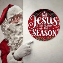 1pc 8x8 Inch Round Metal Christmas Sign - "Jesus Is The Reason For The Season" Design, 8 Inch Flat Printed With Snowflakes And Holly, Iron Wall Decor, Suitable For Bar, Cafe, Club, Christmas Wall Decoration, 2D, Perfect For Christmas, Great For Room Decor, Random Hole Position