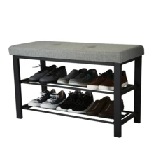 Gray Entryway Metal Upholstered Bench With Double Tier 8 Pairs Of Shoes Storage