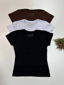 Round Neck T-Shirt 3-Piece Kit Women's T-Shirt 100% Cotton Modern Blouses - 咖啡黑白 - 查看 1