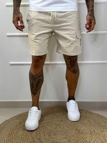 Men's Cargo Bermuda Shorts With Elastic - Khaki - View 3
